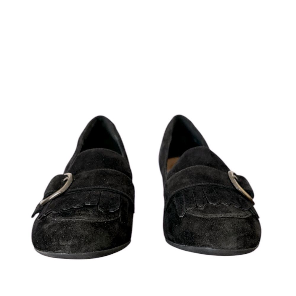 Clarks Black Suede Block Heel Loafers with Buckle - Picture 3 of 9